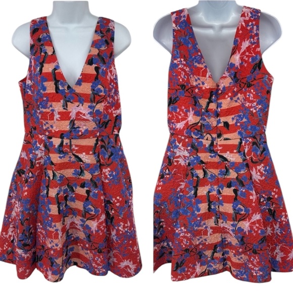 Saloni Red and Blue Floral Jacquard Fit and Flare Dress Size US 8 - Picture 1 of 8